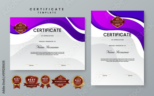 Elegant certificate template set featuring purple fluid wave shapes and gold nomination badges for creative professional awards