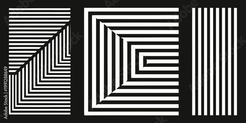 Optical illusion with three panels of black and white parallel lines