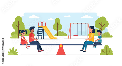 Family playing together on a seesaw at the park.
