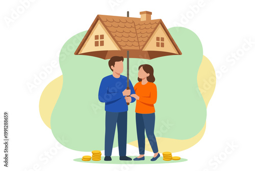 Couple under house umbrella for home protection and mortgage