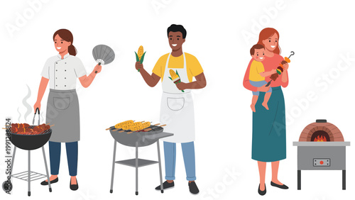 Diverse people enjoying outdoor grilling, BBQ, and pizza oven cooking. Summer family food preparation illustration.
