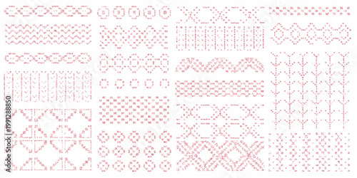 Collection of red embroidery stitch patterns on a white background