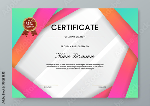 Horizontal certificate of appreciation design featuring modern colorful overlapping shapes and gold nomination award badge