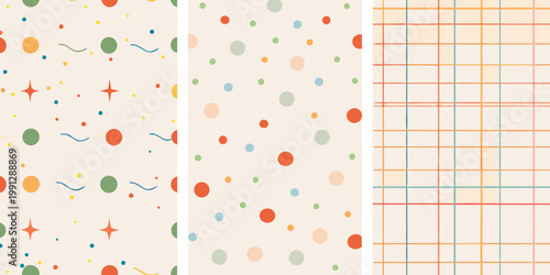 Three pastel colored geometric patterned backgrounds arranged vertically