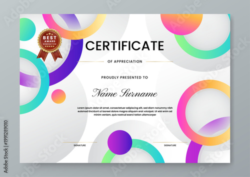 Creative landscape diploma design with colorful circular abstract elements and elegant gold nomination badge for academic excellence