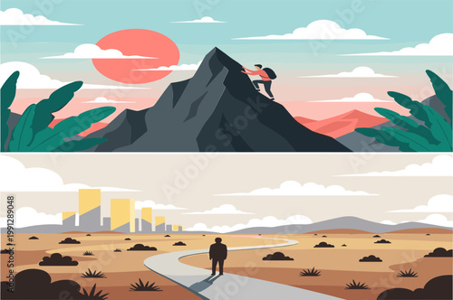 Adventure Landscape Illustration Set with Mountain Climber Desert Traveler and Outdoor Journey Scenic Backgrounds