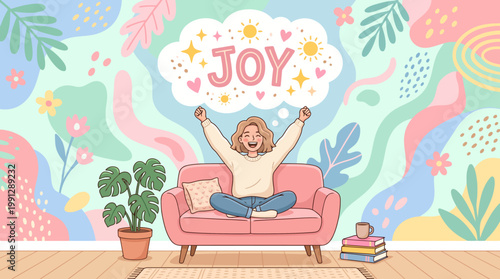 Woman Celebrating Joyful Moment at Home on Sofa.