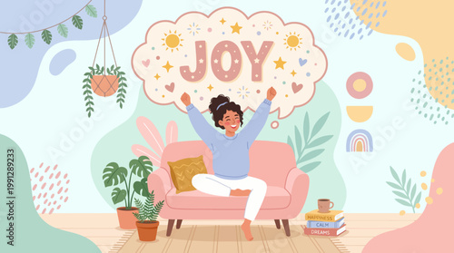 Joyful person relaxing on pastel sofa in cozy living room.