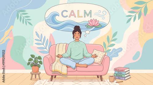 Young woman meditating on a sofa in a calming pastel illustration.