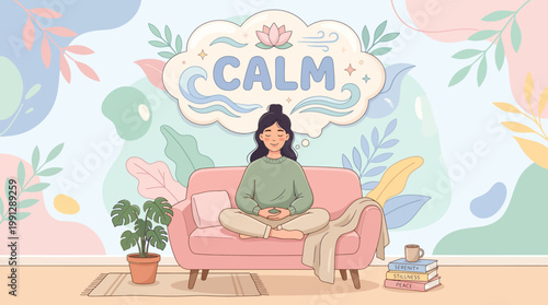 Woman relaxing on a couch in a calm pastel living room scene.