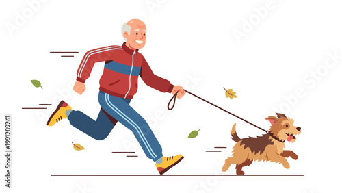 Energetic senior man jogging with his happy dog. Active elderly lifestyle, pet companionship, outdoor exercise in autumn. Vector illustration.