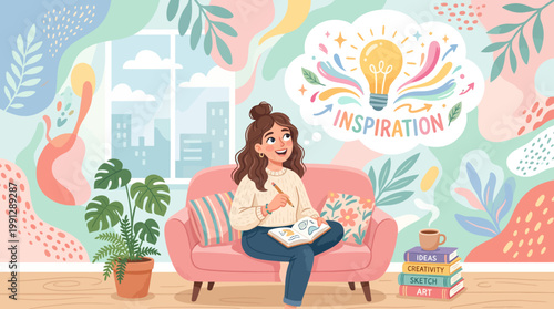 Young woman journaling on a cozy sofa surrounded by plants and inspirational ideas.