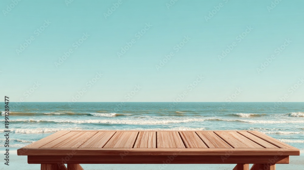 Obraz premium Wooden table with ocean backdrop for product display and visual concepts