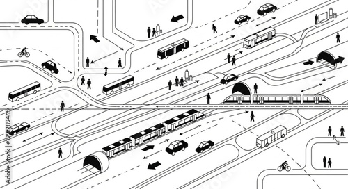 Modern City Transportation Network with Trains and Cars.