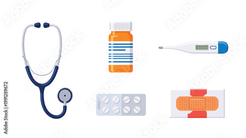 Healthcare & Medical Supplies Flat Lay: Stethoscope, Thermometer, Pills, Bandages on White Background