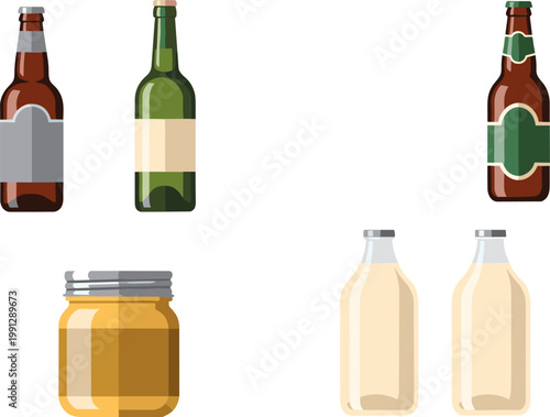 Alcohol Beverage Bottle and Jar Collection with Beer Wine Glass Containers for Packaging Branding Beverage Industry and Drink Product Designs