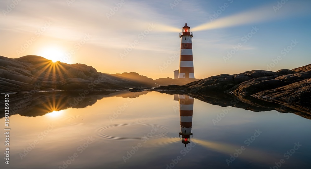 Fototapeta premium Striking lighthouse at sunset with reflection on calm water