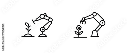 Robotic arm planting flower web line icons set smart agriculture technology automation industrial robot web line icons set & more vector illustration on editable stroke