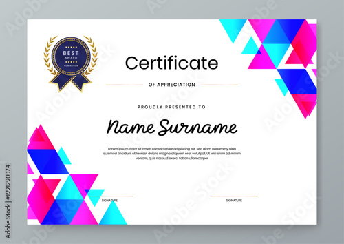 Professional award certificate design featuring vibrant geometric triangle patterns in blue and magenta colors with gold seal