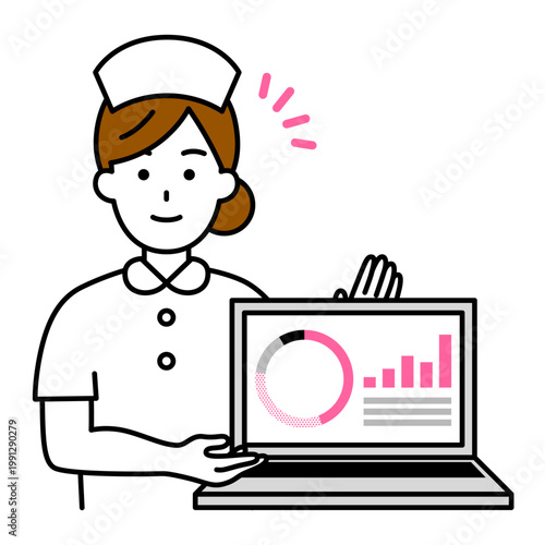 ノートパソコンの画面でグラフを見せる女性看護師