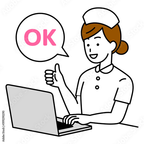 ノートパソコンを操作しながらOKサインをする女性看護師