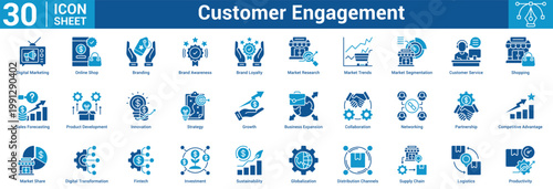 Customer Engagement editable icon set vector illustration concept for business with icon of Digital Marketing, Online Shop, Branding, Brand Awareness, Brand Loyalty, Market Research, Market Trends.