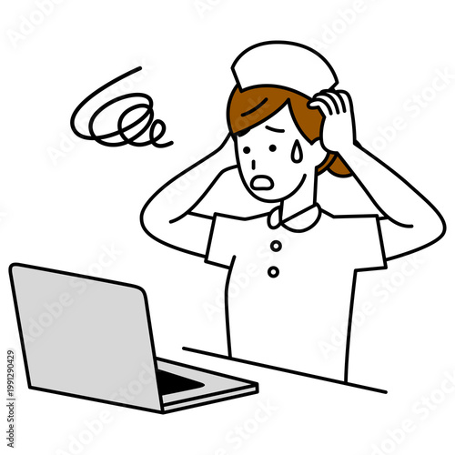 ノートパソコンでの仕事でトラブルになる女性看護師