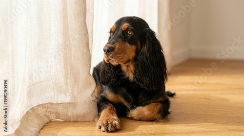 Black and tan spaniel resting beside sheer linen drapes on sunlit oak floor, soulful indoor portrait with calm gaze and soft neutral home styling, elegant scene for cocker dogs pictures