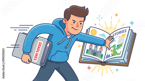 Balancing creativity and responsibility: Man with deadlines reaching for stories