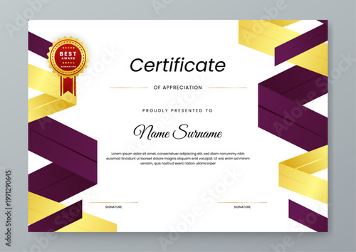 Professional award certificate template with abstract purple and gold ribbon borders and luxury nomination badge