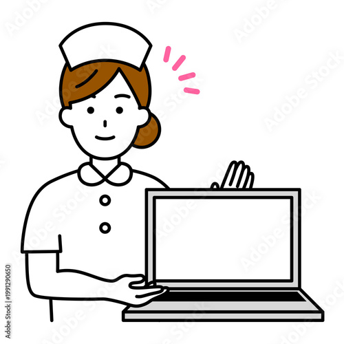 ノートパソコンの画面を見せる女性看護師