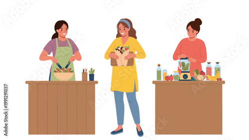 Women cooking healthy food: mixing salad, unpacking groceries, and blending fresh smoothies. Healthy lifestyle, nutrition, and wellness concept.