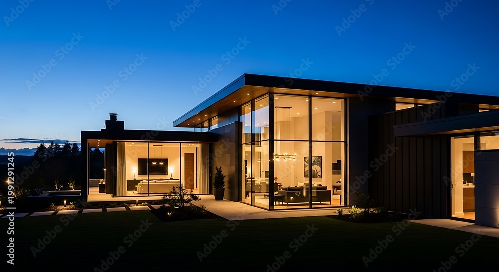 Fototapeta premium Modern Luxury Home Exterior Architectural Facade at Twilight Dusk