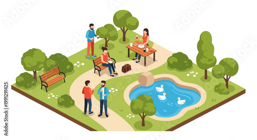 People relaxing in a park with a pond and trees.