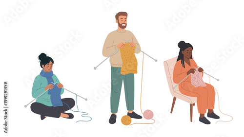 Diverse people knitting. Group of men and women enjoying creative yarn craft hobby with needles. Flat vector illustration.
