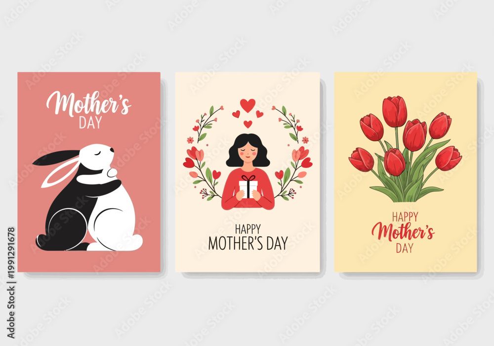 Fototapeta premium Happy Mother's Day Greeting Cards Set with Cute Hugging Rabbits, Girl Holding Gift, and Red Tulip Bouquet Illustrations in Flat Design Style