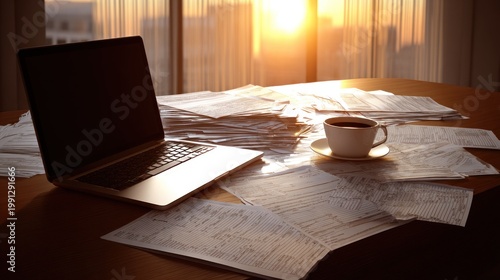 Overwhelming amount of paperwork surrounds a modern portable computer and a cup of hot beverage near a sunlit window.