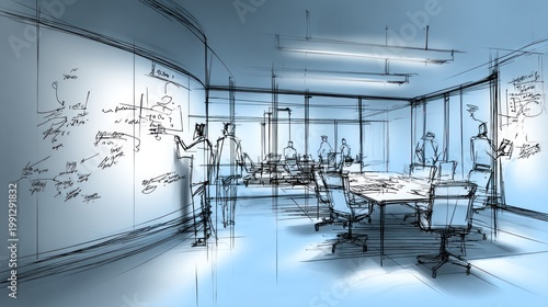 Architectural sketch illustrates professionals collaborating within a modern conference setting
