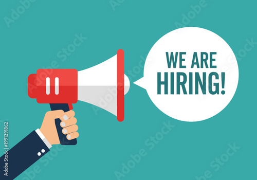 We Are Hiring! Recruitment Announcement Vector Illustration with Megaphone and Speech Bubble for Job Openings and HR Marketing Campaigns