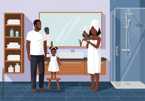 Black Family Morning Routine in Modern Bathroom Vector Illustration - Father Mother and Daughter Getting Ready Together