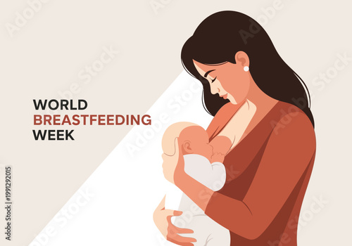 World Breastfeeding Week Banner Illustration: Mother Nurturing and Nursing Her Baby in a Modern Flat Design Style