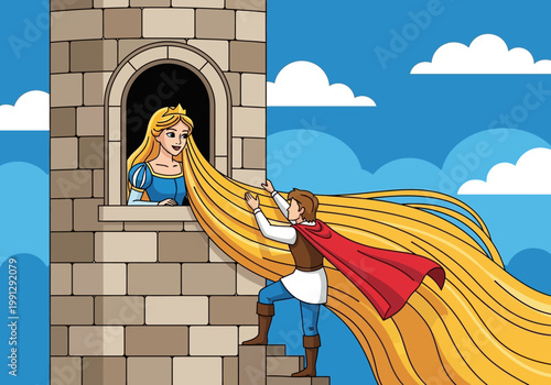 Rapunzel Fairy Tale Cartoon Illustration: Princess with Long Golden Hair in Tower and Prince Rescue Scene