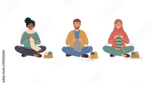 Diverse people knitting, enjoying a cozy and creative craft activity together on a white background