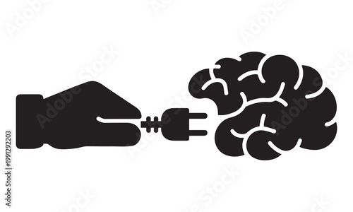 Illustration of a hand plugging an electrical cord into a human brain with electrical connection thinking intelligence learning innovation