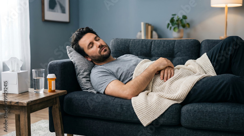 sick man sleeping on a couch with tissues and medicine on a table suffering from flu or cold symptoms in a home recovery concept during seasonal illness