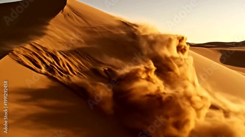 Golden Sand Dunes Shifting in the Desert Wind at Sunset.