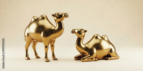 Golden Camel Figurines Set with Standing and Sitting Desert Animal Statues Luxury Decorative 3D Illustration Design