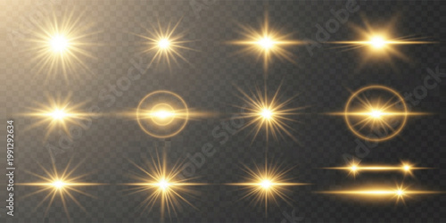 Golden Light Effect Set with Lens Flare Glow Sparkle Stars and Shining Burst Collection Design