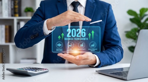 A businessman analyzing future business trends and growth for 2026 in a modern office