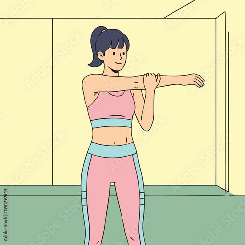 Stretching Young Woman Performing Arm Exercise in Sportswear Indoors